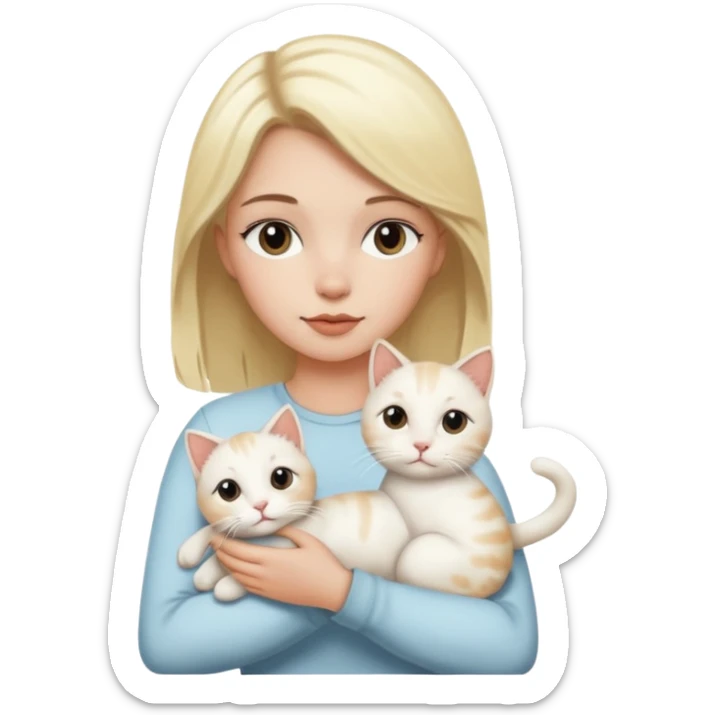White girl with blonde hair holding white cat with Brown and black spots  sticker