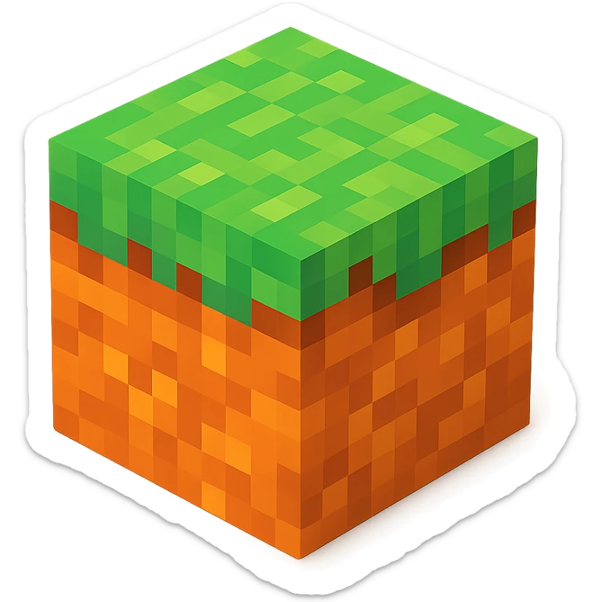 Minecraft grass block, 3D voxel style, isometric angle, vibrant colors, no text sticker