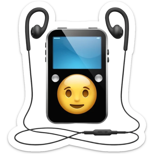 Futuristic iPod emoji with earphones, metallic black and white, smooth reflective surfaces, flat minimal vector design, clean UI style sticker