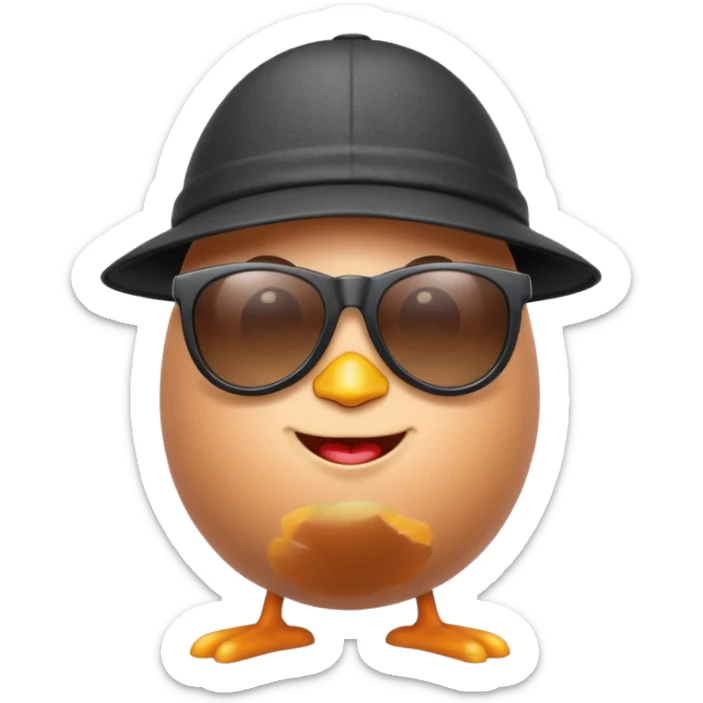 a funny, proud cartoon-style egg character wearing sunglasses and a small fan cap , solid orange background. sticker