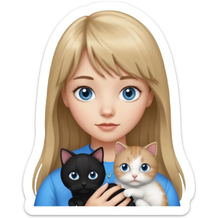 Apple-style emoji sticker of a young woman with long dark blond hair and bang, blue eyes , holding a black and white kitty sticker
