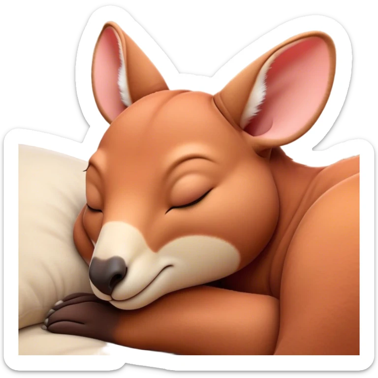 Meme-Worthy Cute Sleeping Adult Red Kangaroo Portrait Emoji, Head resting peacefully with a contented smile, showcasing a solid, reddish form with a characteristic red kangaroo-shaped head featuring a soft, elongated snout and small, relaxed ears, eyes shut in a serene, restful nap, Simplified yet adorably endearing features, highly detailed, glowing with a soft, drowsy outback light, high shine, relaxed and utterly lovable, stylized with an air of playful laziness, soft glowing outline, capturing the essence of a sleeping kangaroo that feels destined to become the next viral icon of adorable rest! sticker