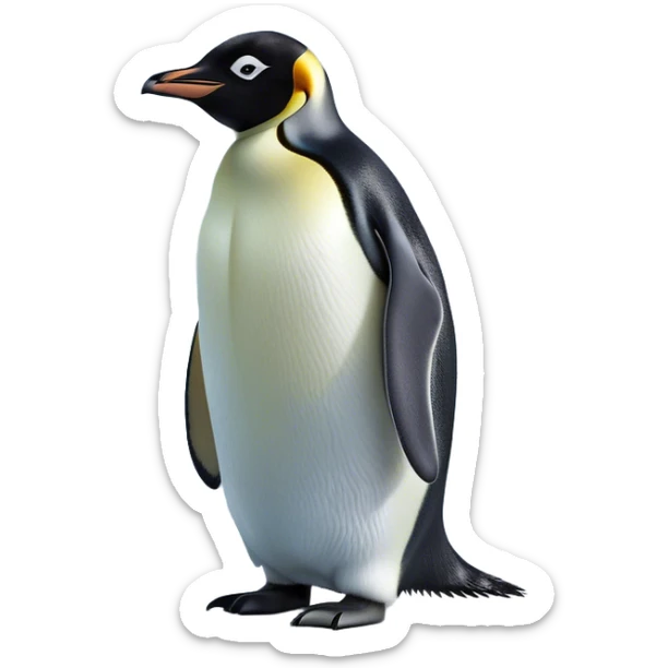 Cinematic Noble Emperor Penguin Portrait Emoji, Poised and regal, standing proudly on icy terrain with crisp black and white plumage and determined, deep-set eyes, Simplified yet sharp and sophisticated features, highly detailed, glowing with a soft, dignified polar glow, high shine, intelligent and stalwart, stylized with an air of imperial command, focused and resolute, soft glowing outline, capturing the essence of a watchful and confident arctic guardian that feels as though it could waddle out of the screen with effortless authority! sticker