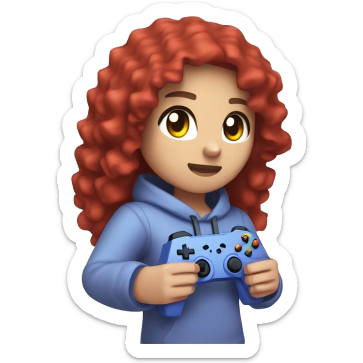 a white minecraft  girl with long red curly hair, wearing periwinkle Minecraft hoodie holding a controller sticker