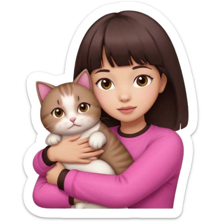 beautiful woman with dark brown straight hair and bangs, brown eyes wear a pink clothes and hugs a cute chubby cat sticker
