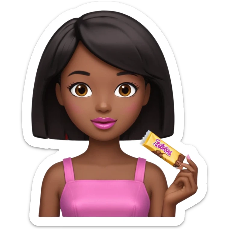 Black barbie, short  black bob  hair, pink dress eating chocalate bar sticker