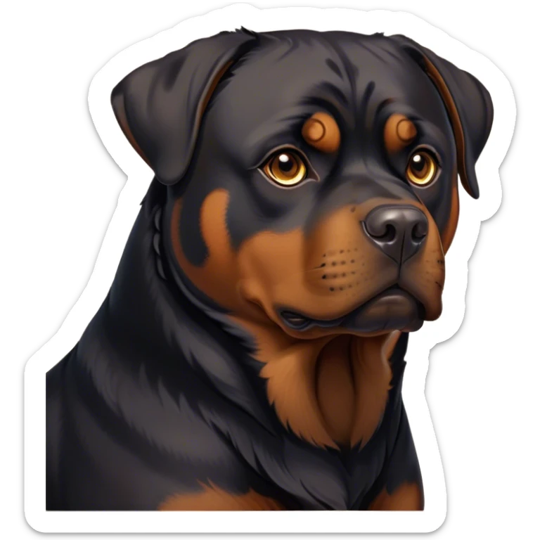 Cinematic Noble Rottweiler Portrait Emoji, Poised and regal, with a powerful, muscular build and a sleek, well-groomed coat of rich black with tan markings, deep-set soulful brown eyes, Simplified yet sharp and sophisticated features, highly detailed, glowing with a soft, dignified glow, high shine, intelligent and commanding, stylized with an air of authority, focused and attentive, soft glowing outline, capturing the essence of a watchful and fearless guardian, so majestic it feels as though it could stride out of the screen with effortless authority! sticker