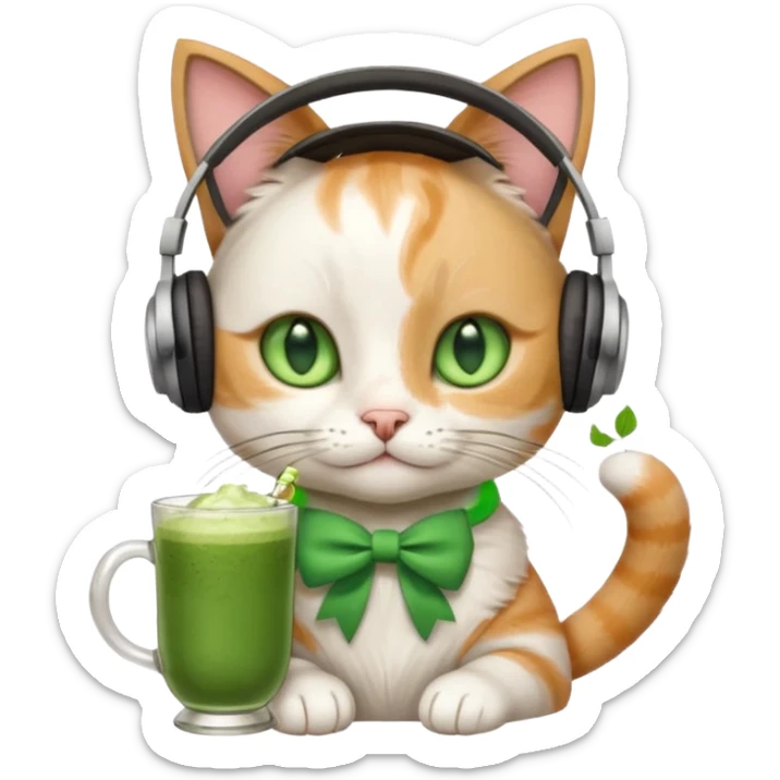 A cat wearing headphones with a glass of matcha, a bow on his ear sticker