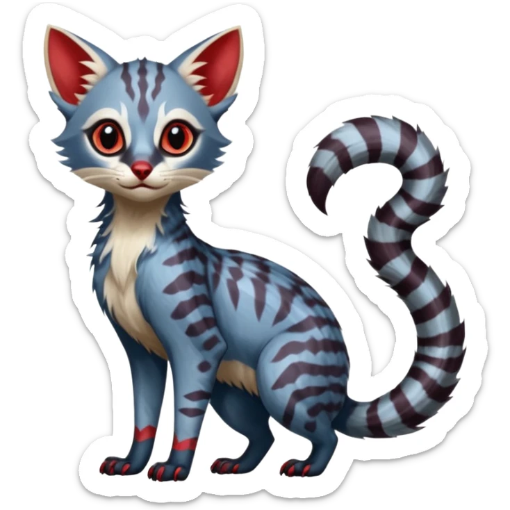White and blue and red Asian painted anime-styled big-eyed shiny glorious divine marked exotic cool beautiful realistic Lykoi-civet-genet-sergal-ocicat-oncilla-animal-Fakémon-hybrid-fursona (full body) sticker