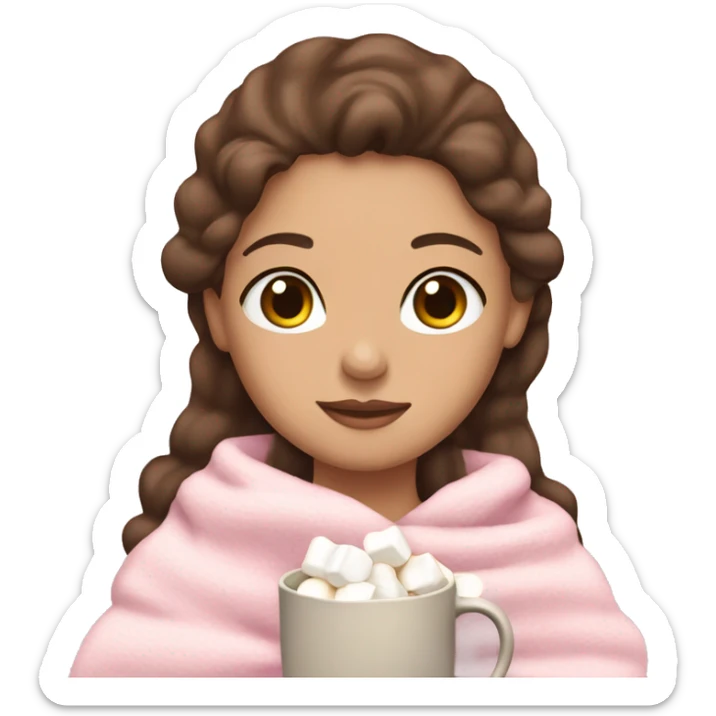 Girl with brown hair and a light pink bow wrapped in a light pink blanket drinking tea with marshmallows sticker