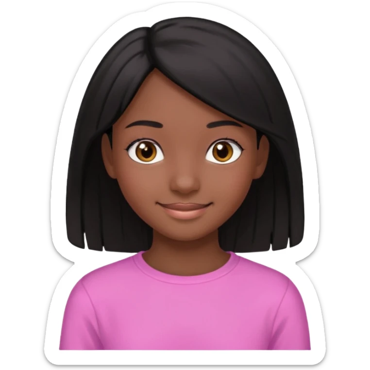 A portrait of a 14-year-old girl, he's got black hair, darkish skin and brown eyes. she's wearing a pink longsleeve. She's smiling a bit sticker