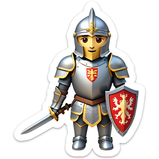 Clash of Clans aesthetic: Cinematic heroic Armored Knight Hero Emoji, rendered in a 3D vector-style similar to standard emojis with minimal shading and bold, simplified shapes. A compact, isometric warrior clad in gleaming plate armor with intricate heraldic details, softly glowing with a chivalrous medieval charm. Simplified yet unmistakably iconic, highly detailed and consistent, glowing with a soft radiant shine and high polish. Stylized with a touch of noble valor and a soft glowing outline, wearing a full face helm so that no face is visible with only eyes visible, capturing the essence of a gallant knight ready for honorable battle with a friendly, playful manner! sticker