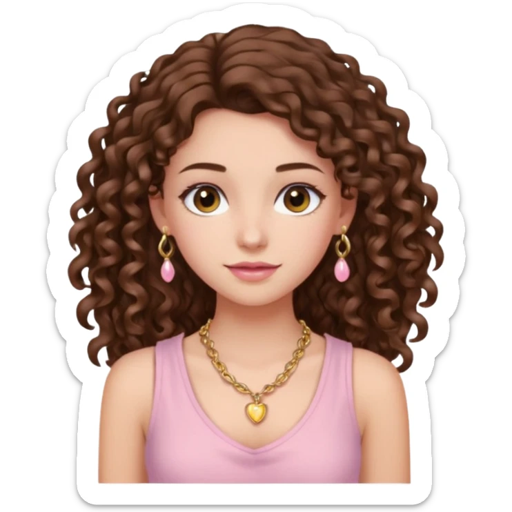 crée moi une jeune fille très belle avec les cheveux bouclés long brune avec un top  sans manche de couleur rose clair avec un peu de maquillage un collier en or sticker