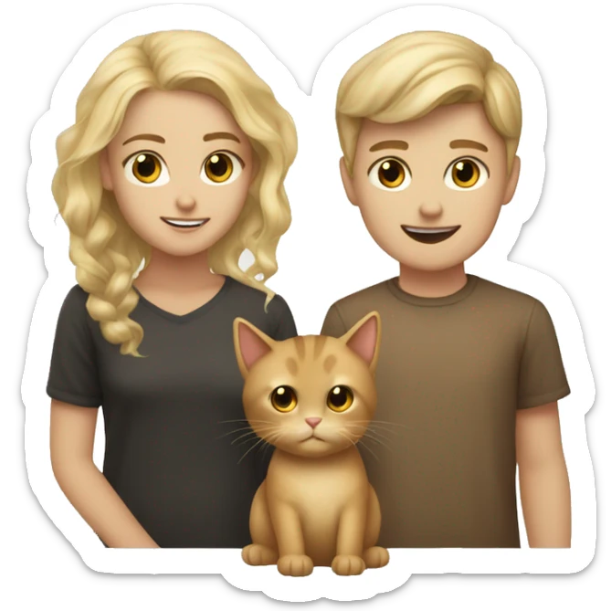Dirty blonde boy and dirty blonde girl together with a brown cat sticker