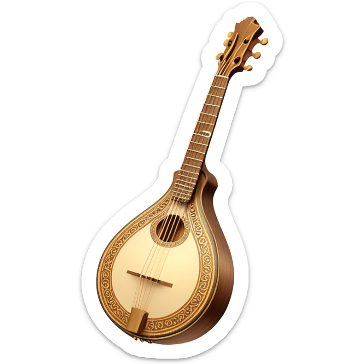 Bouzouki – Cinematic Realistic Bouzouki, depicted as a beautifully crafted Greek string instrument with a long neck and ornate fretwork, its polished wooden body reflecting warm golden light, set on a rustic background with soft shadows that evoke traditional Mediterranean music. sticker