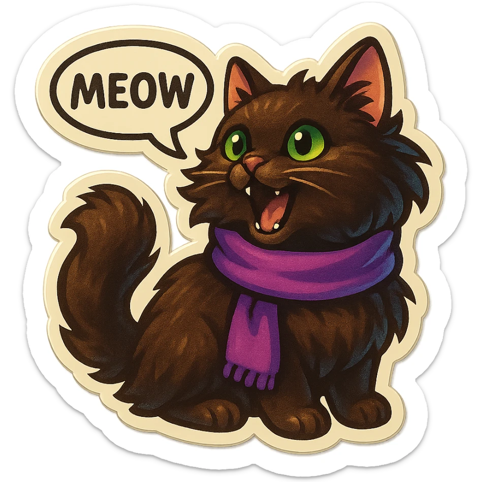 Fluffy meowing cute dark-brown cat with green eyes and a purple scarf saying ‘meow’ (with a speech bubble) sticker