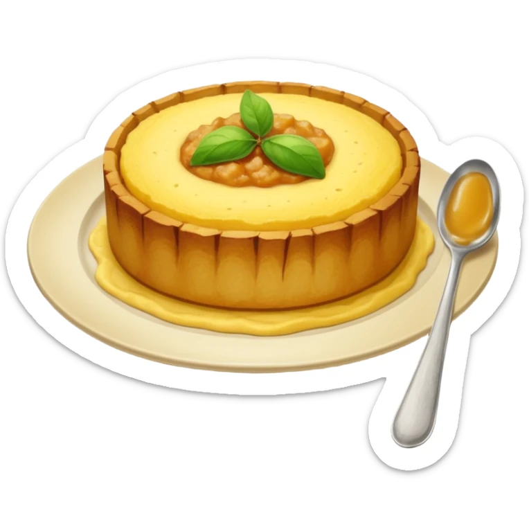 a deep dish plate with a yellowish food in it, a bit like polenta, but it is in a bit of small small lumps and very dry. with a bit of applesauce on top on the side and a spoon sticking out sticker