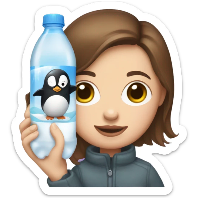 white woman with brown hair holding a baby penguin stuffed animal and a seltzer sticker