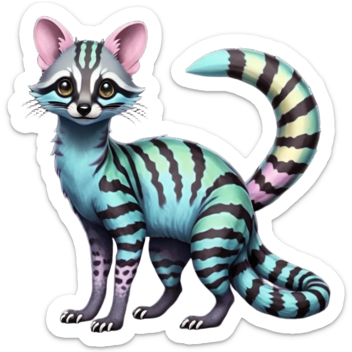 Feral Rare Fantasy iridescent scaly evil spooky vibrant dark shady shaded detailed deep pastel-gradients-colored colorful Genet-Trico-Civet-Cacomistle-Margay-species by LiLaiRa, with dark-blackish points, white belly, random markings, tufted tail, tufted ears, full body sticker