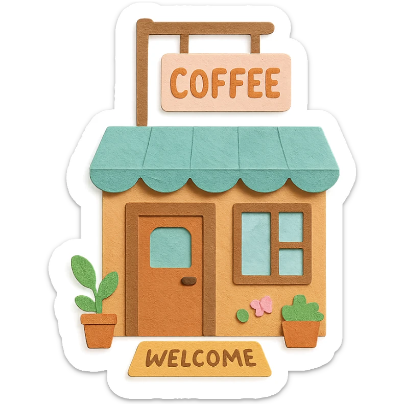 cozy coffee shop entrance with pastel hanging sign, welcome mat, and cute details, hand-drawn soft pastel style sticker