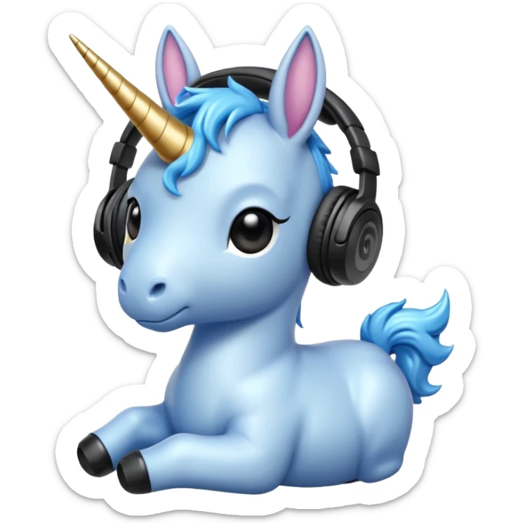 Unicornio bebé azul sentado escuchando música con auriculares negros sticker