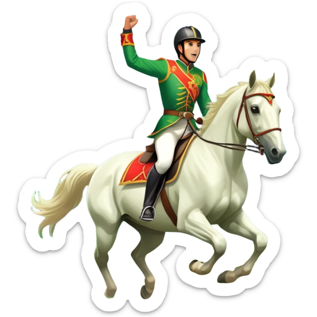 An icon showcasing a majestic horse and rider in full gallop across a lush green field. The background features a clear sky, distant mountains, and a vibrant landscape. The rider wears traditional gear, while the horse leaps with grace and power. Transparent background sticker
