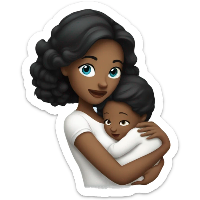 mom holding newborn baby girl with blue eyes white skin black hair sticker