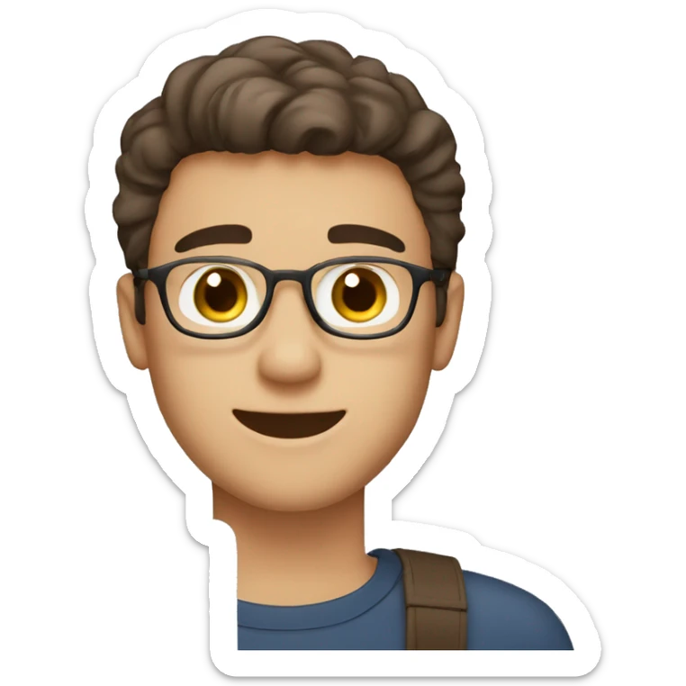 Generate me an emoji of a guy with macbook ( student ). He looks happy. He has light skin, dark-brown hair and brow eyes    sticker
