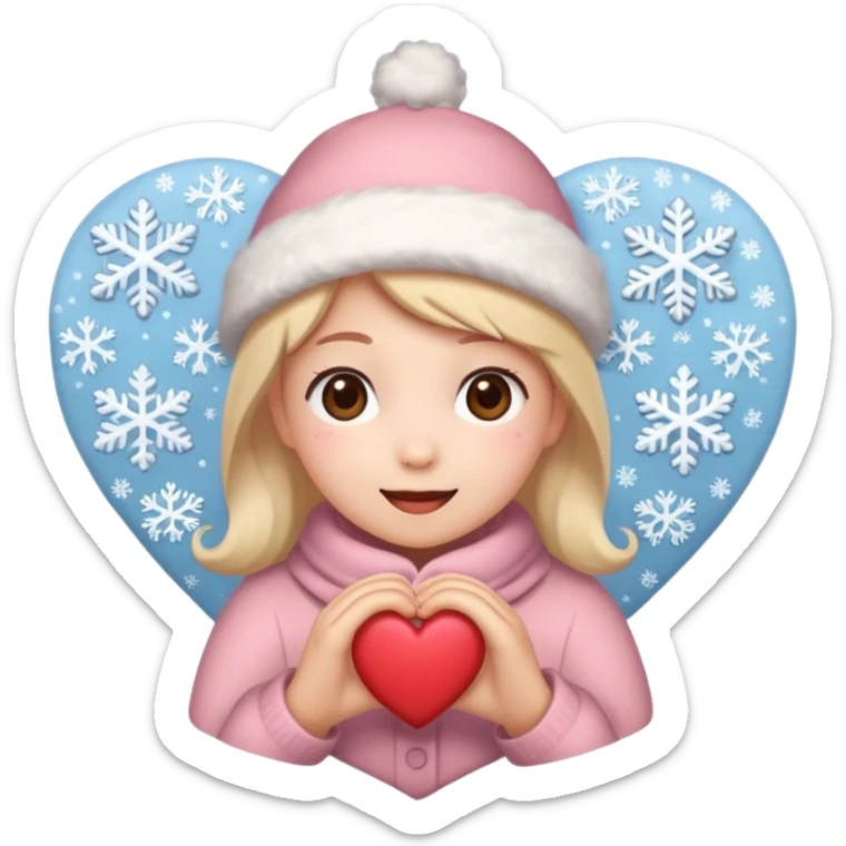 A kawaii Christmas emoji sticker, cozy winter vibes, soft colors, snowflakes, heart symbols, warm smile, cute and gentle style, festive and romantic.
 sticker