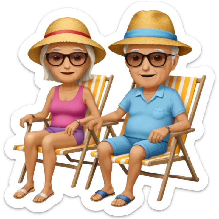 an emoji that shows elderly one woman and one man, both are retired and are lying in sun-chairs at the beach to recover from retiring-stress sticker