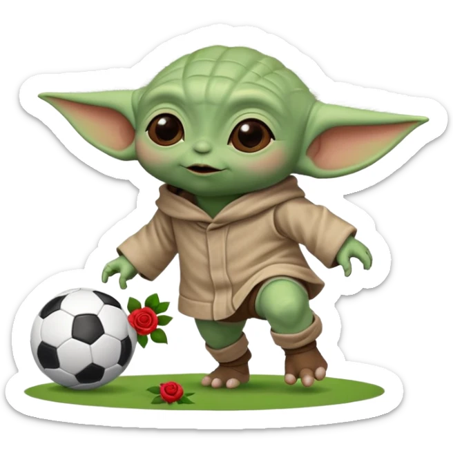 baby Yoda kicking a soccer ball with small roses beside him sticker
