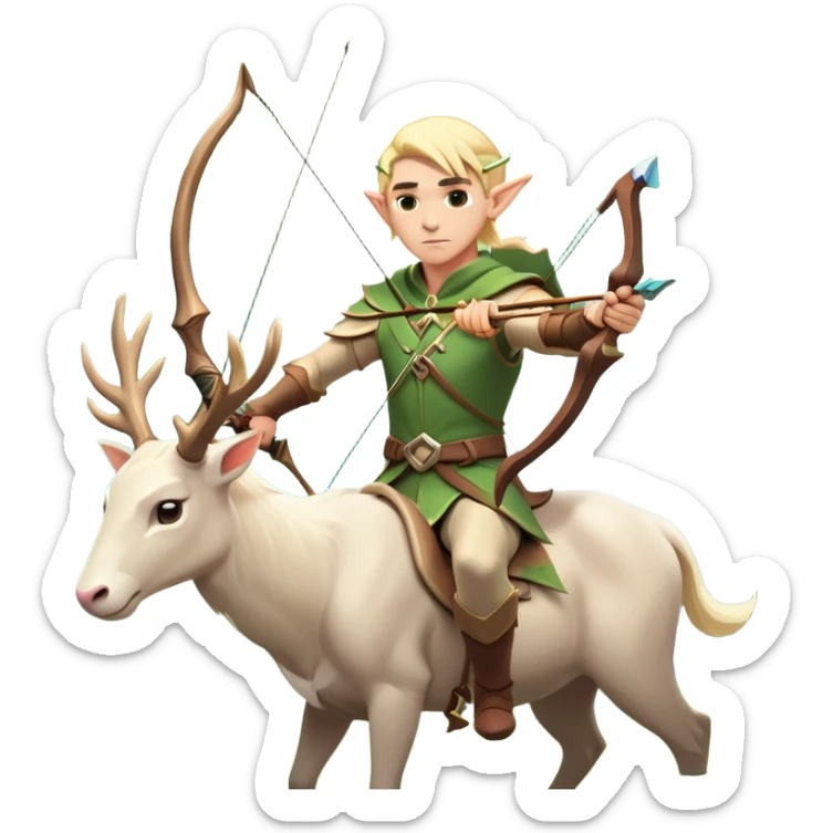 clash-of-clans-aesthetic-blond-male elf-archer-portrait-emoji, rendered in a flat, vector-style with minimal shading and bold holding his bow, simplified shapes, head tilted slightly forward with a determined, focused expression, riding a majestic white stag whose antlers glow with mystical energy, set against an ancient, enchanted forest backdrop. sticker