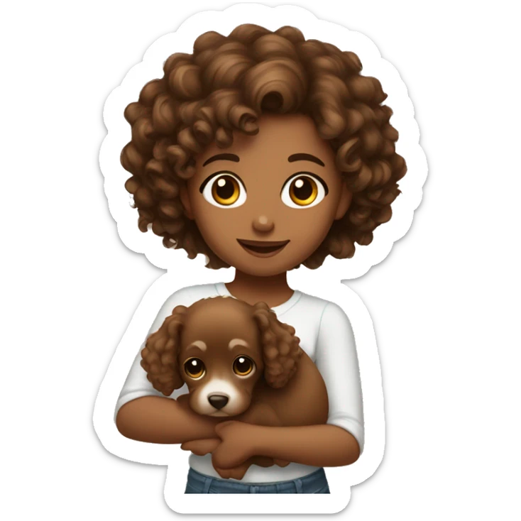 Brownskin girl with curly hair holding brown puppy sticker
