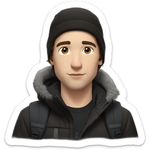 white boy,mi-long brown hair,winter cap black The North face,black jacket The North face,1 Backpack sticker