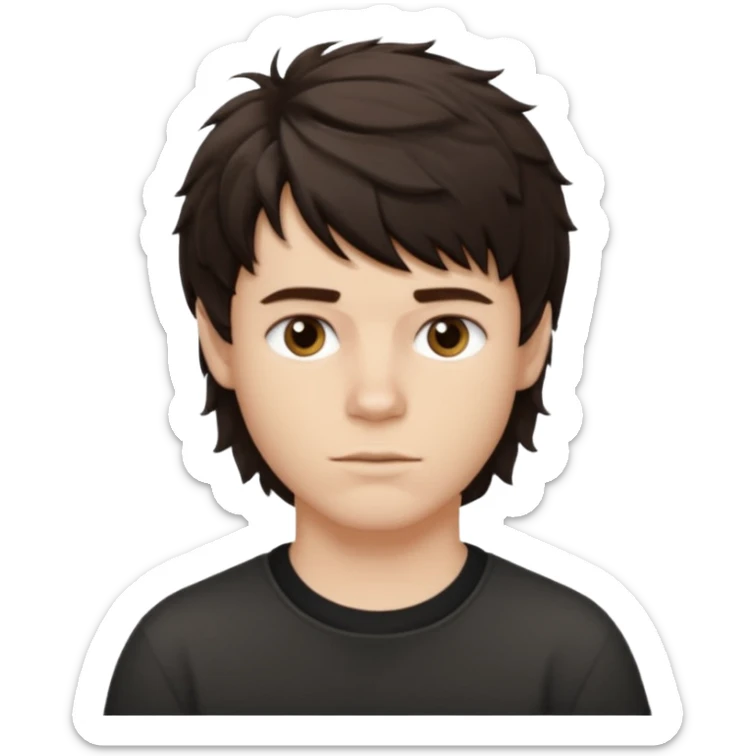 À emoji that don’t smile Dark brown thick hair, medium-length textured top with loose natural waves, short tapered sides, soft messy fringe, natural volume(No long hair it like a side part with a lot of wave and texture ) the guy is white and it’s a boy sticker