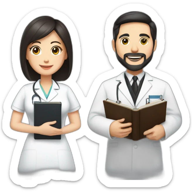middle age american pastor with dark brown hair with trimmed beard wearing a suit holding a bible, beside woman asian middle age with black shoulder length hair wearing a nurse uniform sticker
