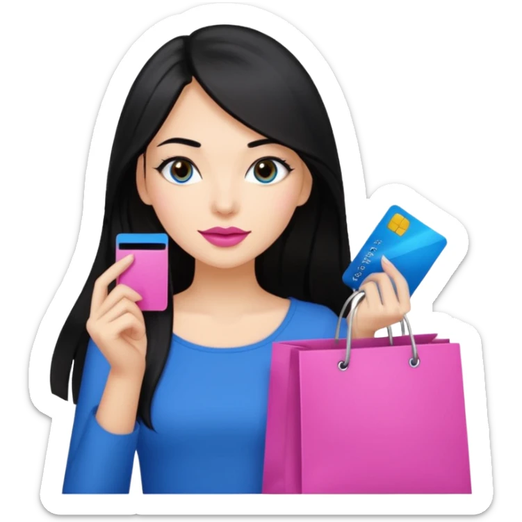 Girl with long black hair and crown, pink lipstick, brown eyes holding shopping bags and blue credit card sticker