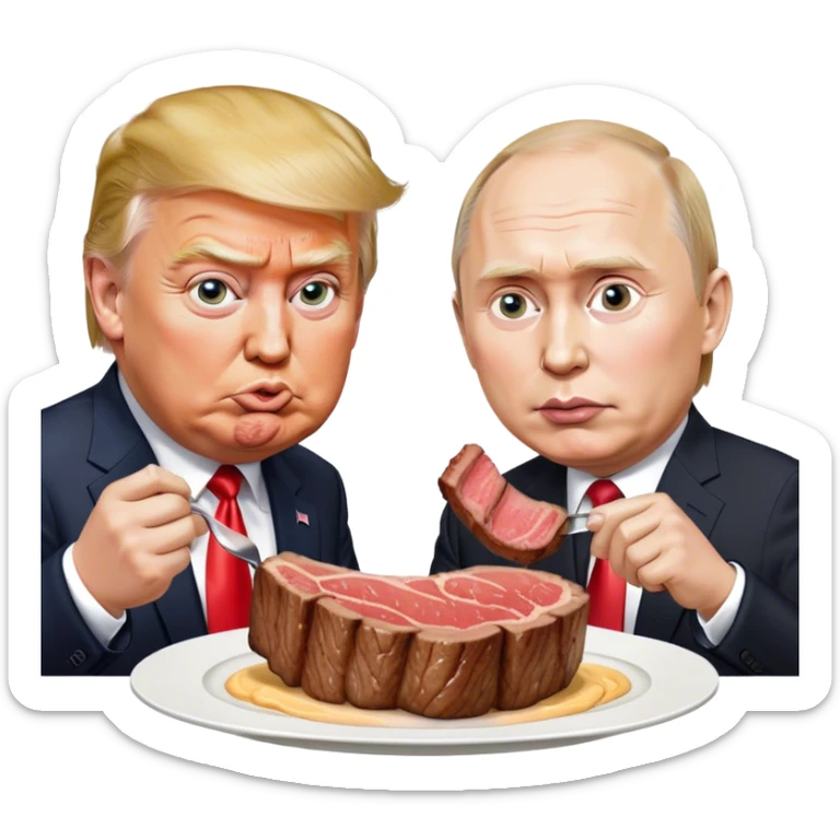 photorealistic Donald Trump and Putin eating a steak shaped like an piece of land sticker