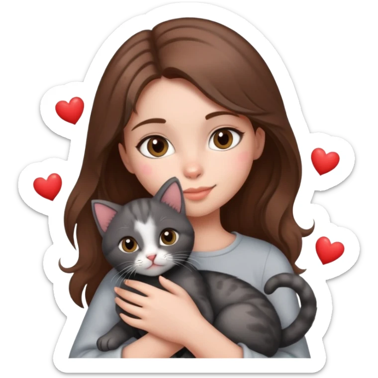 Girl with brown hair holding a grey and black kitten with,  love hearts around them like this emoji 🥰 sticker