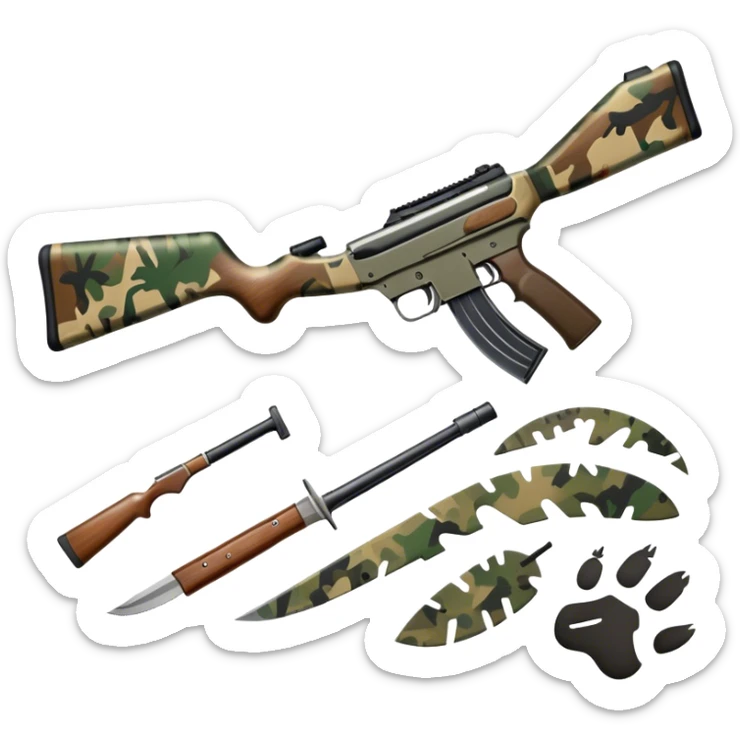 Icon for Hunting: a rifle, hunting knife and a set of animal tracks on the ground, surrounded by a camouflage pattern. The icon should represent the tools and spirit of hunting. Transparent background. sticker