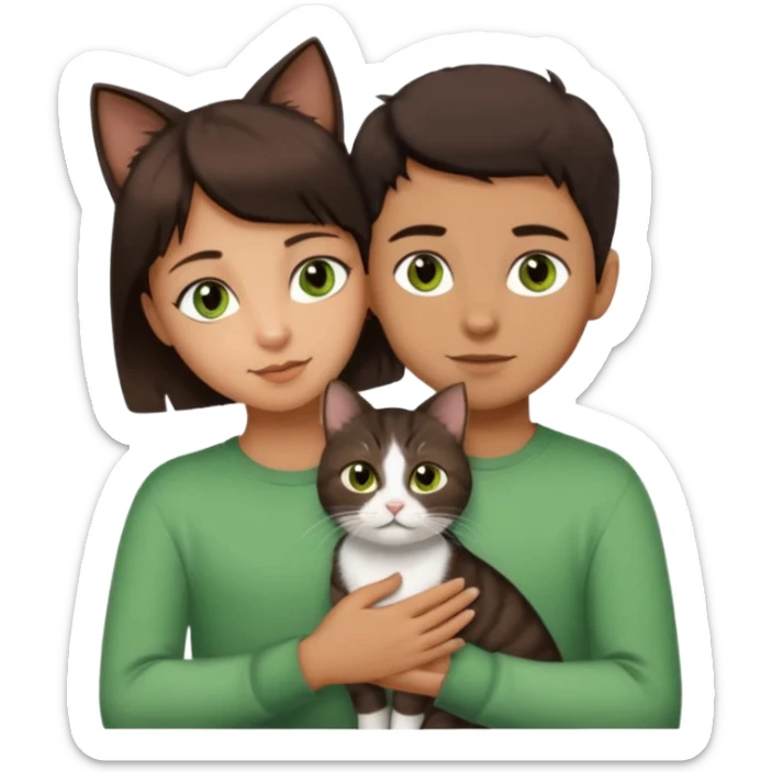 Crea un emoji donde salga un chico de pelo moreno con los ojos claros, una chica de pelo morena con los ojos marrones y UN gato europeo comun de pelaje marron oscuro y ojos verde claro, quiero que se esten abrazando el chico y la chica, y el gato este en el medio de los dos sticker