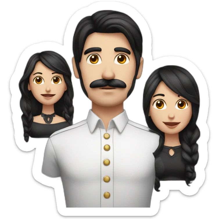 black hair with skin and moustache man couple with black and long hair with skin lady sticker