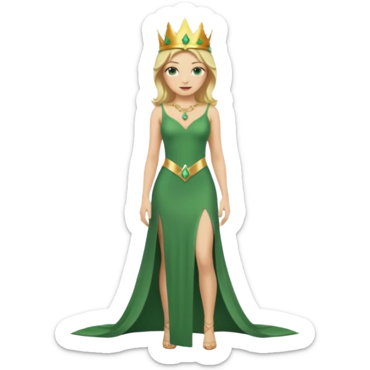 Queen, crown, blonde hair, green eyes, long green tight dress, Leg slit, whole Body, sticker