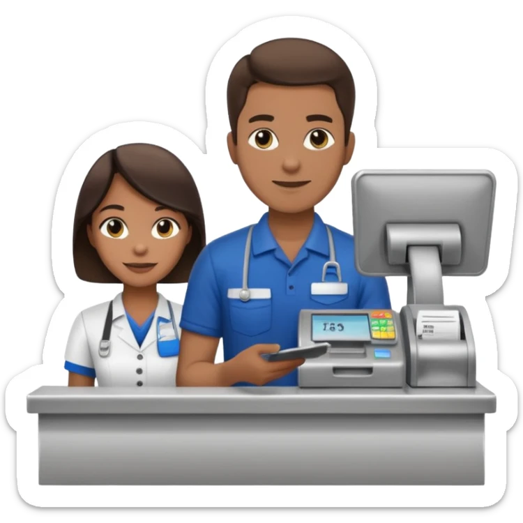 Supermarket employee at a cash register, full body, serving a man sticker