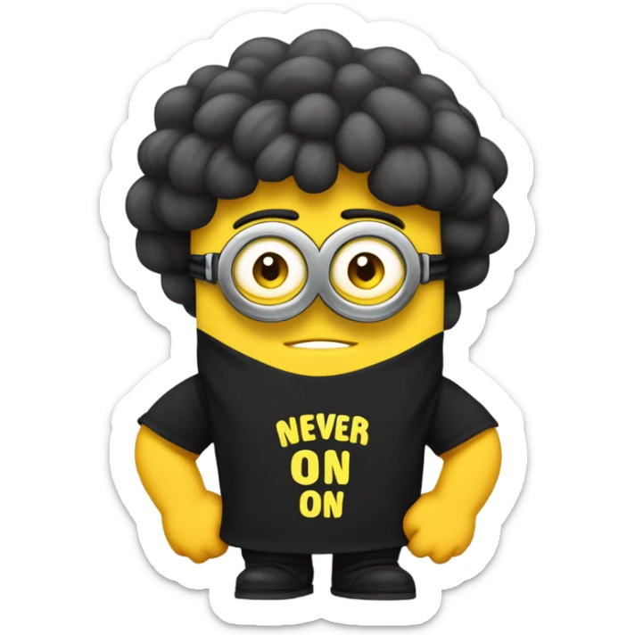 A buff minion wearing a black t shirt top with the words “never goon” on the shirts chest area sticker