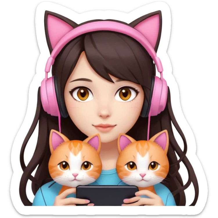 gamer girl with long dark brown hair, light skin, big brown eyes, cute, pink headset with cat ears, blushing softly and naturally, beautiful, holding orange cat sticker