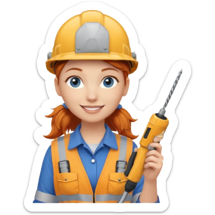 A ginger haired girl blue eyes, handyman Outfit, wearing a Helmet, with drill sticker
