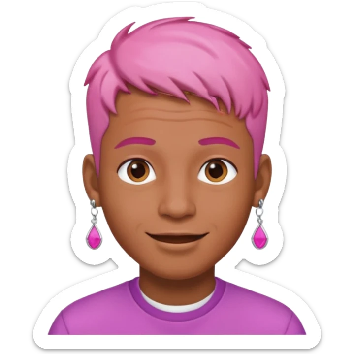 cheerful man with brown skin, short pink hair, two earrings, cool vibe, iOS emoji style sticker
