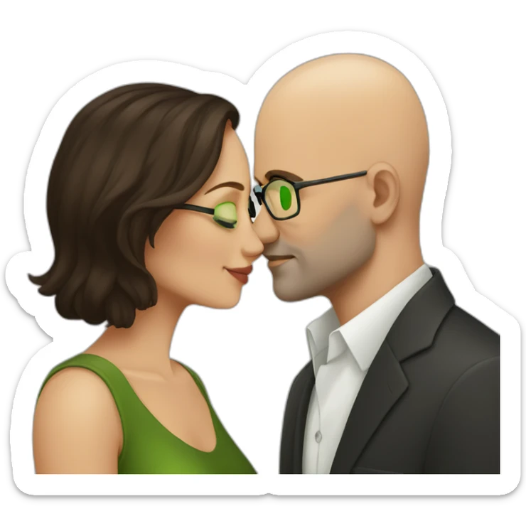 dark brown haired woman without glasses and green eyes kissing bald man with glasses sticker