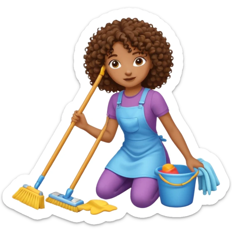 brown girl with curly hair cleaning toys from the floor sticker